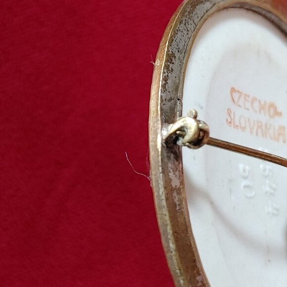 Antique Porcelain Brooch Bezel Setting Czech Hand Painted Numbered c. 1920s - Picture 7 of 9